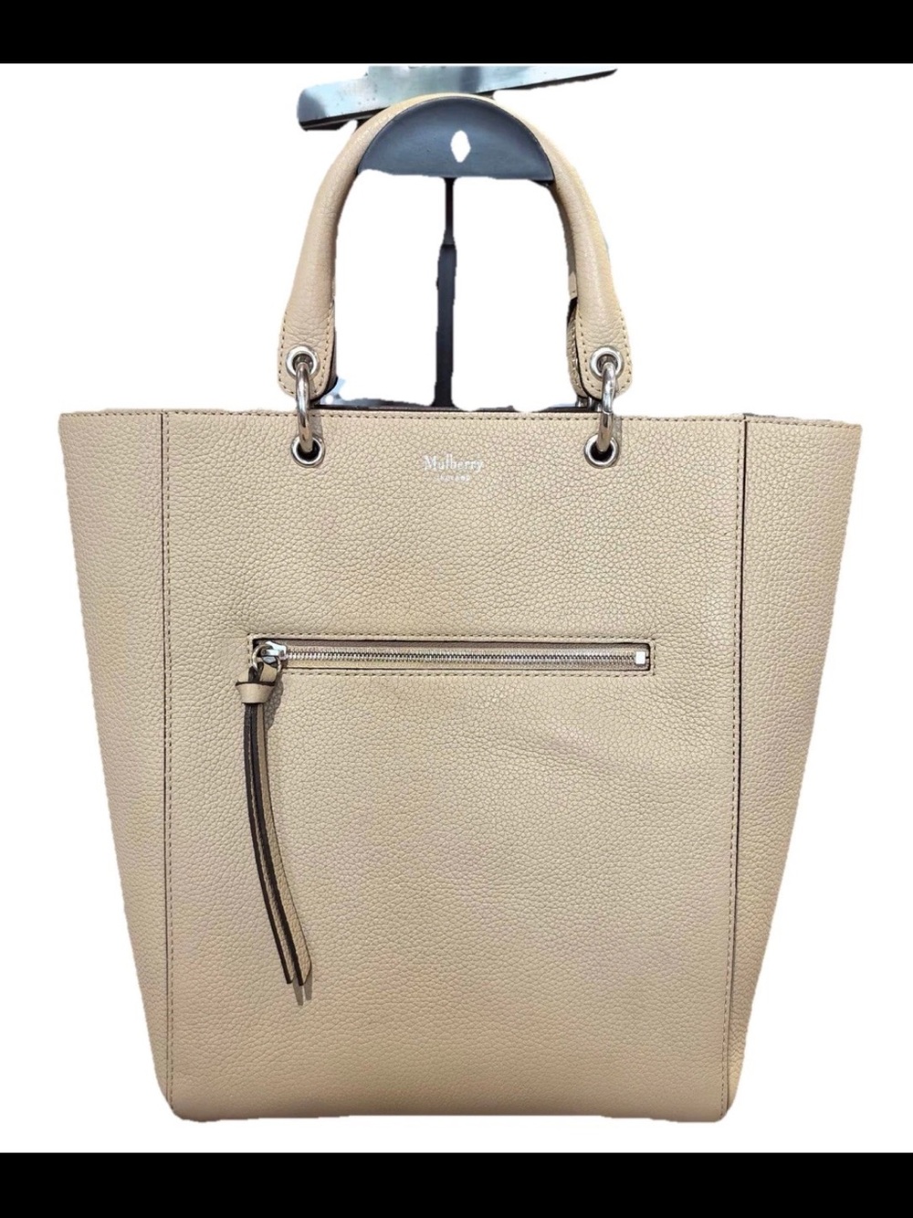 Mulberry Beige Pebbled Leather Tote with Front Zip Pocket